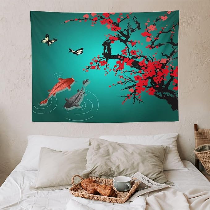 Japanese Koi Fish Tapestry, Cherry Blossoms Asian Oriental Green Teal Floral Branch Koi Fish Carp Tapestries Wall Hanging for Bedroom Living Room Office Decor 40"x30"