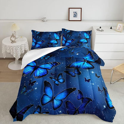 Datura home Blue Butterfly Comforter Set for Girls Women,Bright Blue Butterflies in Blue Sky with Stars Printed Bedding Set with 2 Pillowcases(Butterfly Blue Queen)