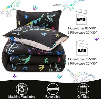Meeting Story Dinosaur Comforter Set, Fluorescence Dinosaur Colorful Pattern Style Twin Comforter Set, 3 PCS 1 Comforter and 2 Pillowcases in One Bag, All Season Bedspread for Kids Teens Adults（Twin）