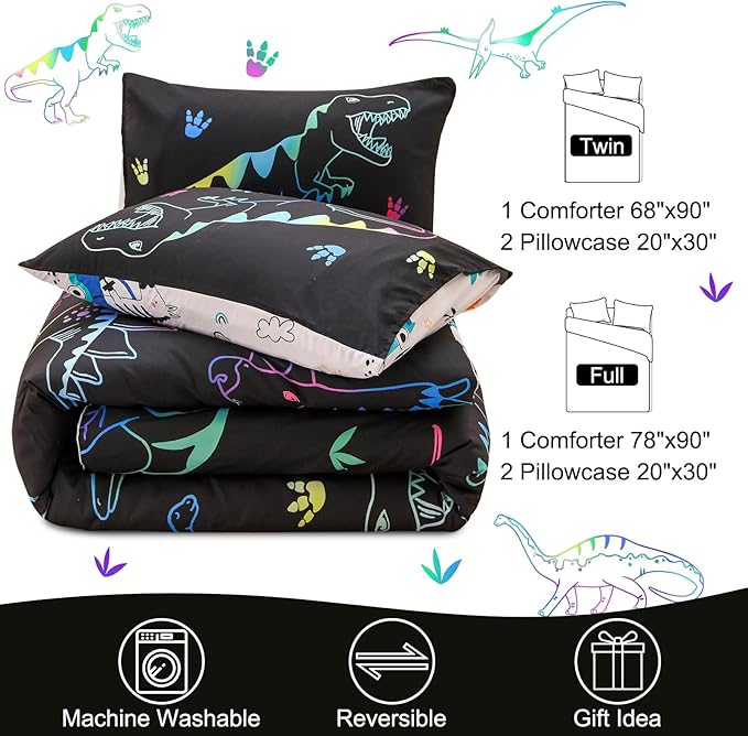 Meeting Story Dinosaur Comforter Set,Fluorescence Dinosaur Colorful Pattern Twin Comforter Set, 3 PCS 1 Comforter and 2 Pillowcases in One Bag, All Season Bedspread for Kids Teens Adults(Full)