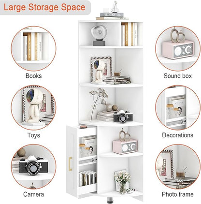 Corner Shelf 6-Tier Corner Bookcase with Drawer, Tall Corner Bookshelf Freestanding White Corner Cabinet Corner Shelves Stand for Wall Corner, Living Room, Home Office, Bedroom, Display Shelf