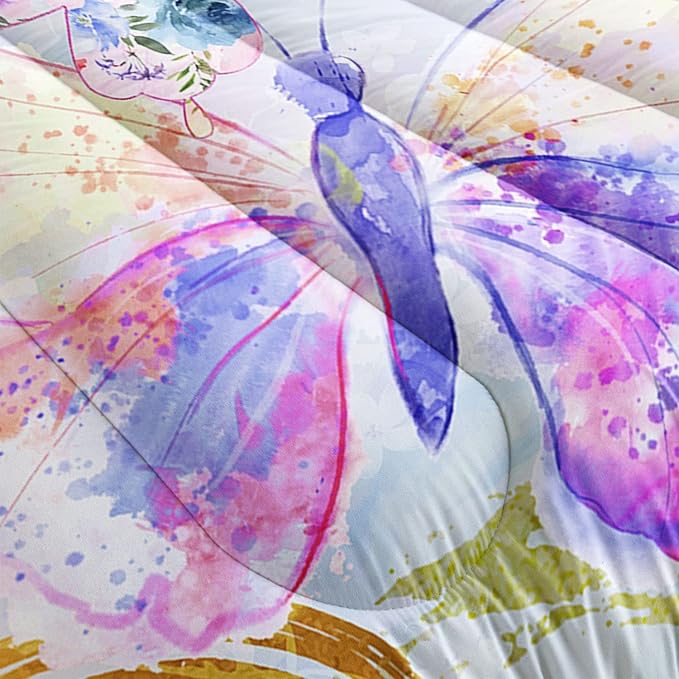 Datura home Watercolor Butterfly Comforter Bedding Set for Girls Kids Teens,Lightweight Colorful Floral Butterfly Printed Tie-dye with 2 Pillowcases(Watercolor Butterfly Twin),Butterfly Purple