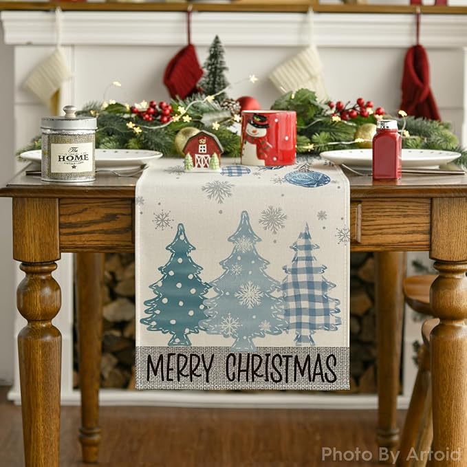 Artoid Mode Blue Pine Trees Merry Christmas Table Runner, Winter Xmas Holiday Kitchen Dining Table Decoration for Home Party Decor 13x48 Inch