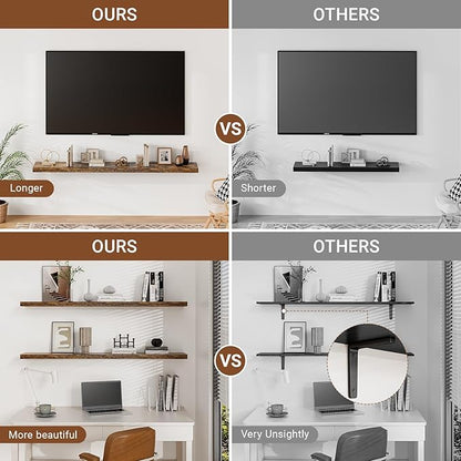 Heimlove 55 Inch Long Floating Shelves for Wall,9.3" Deep Rustic Brown Floating Shelf Set of 2,Large Display Shelf & Storage Shelf,Wall Mounted Shelves for Bedroom Living Room Kitchen Office