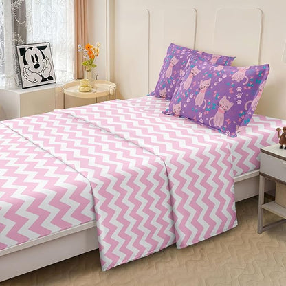 5 Piece Girls Cat Comforter Set Full Size Bed in A Bag Pink Cute Cartoon Cats Bedding Set for Kids Teens (1 Comforter, 1 Flat Sheet, 1 Fitted Sheet, 2 Pillowcases), Purple Pink