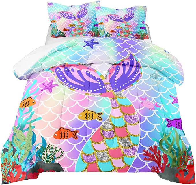 Mermaid Tail Comforter Set Queen Size, 3Pcs Rainbow Mermaid Fish Scales Bedding Set, Microfiber Kids Bedding Glitter Mermaid Tail Pattern Decor for Girls Bedroom1 Comforter 2 Pillowcase
