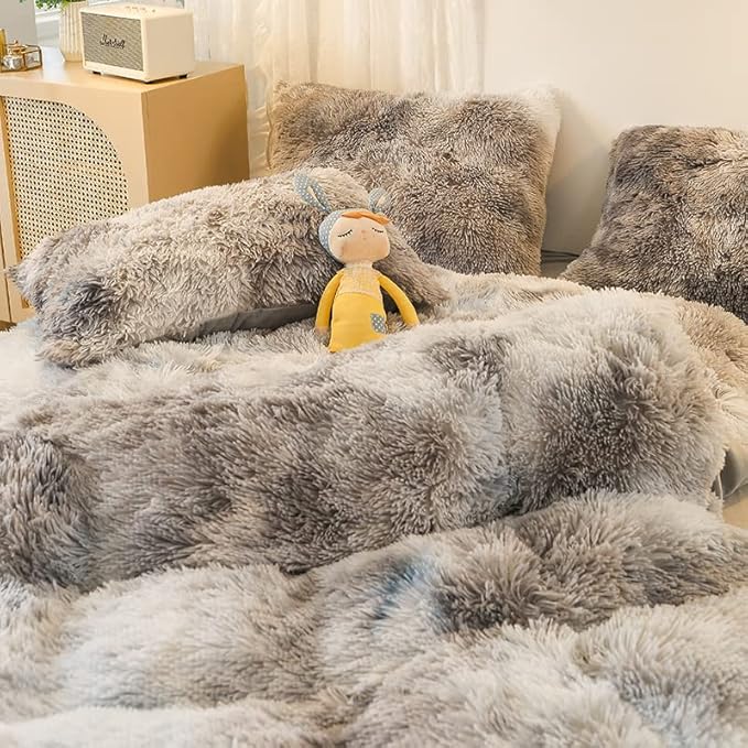 Faux Fur Kids Girls TD Black Comforter Sets Queen - 3PC Bed Set Warm Comfortable Soft Plush Flannel Velvet Fluffy Fuzzy Bedding（Comforter x 1 Pillowcases x 2）
