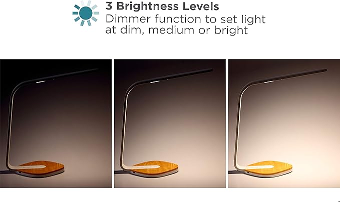 BLACK+DECKER LED Dimmable Desk Lamp with Wood Grain Base, 3 Dimming Levels, USB Ports,7W, White (VLED1818-BD)