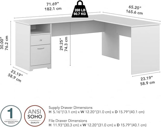 Bush Furniture L Shaped Desk with Drawers for Executive and Home Office | Cabot Collection Corner Table with Storage and Chrome Hardware Return, 72W, White