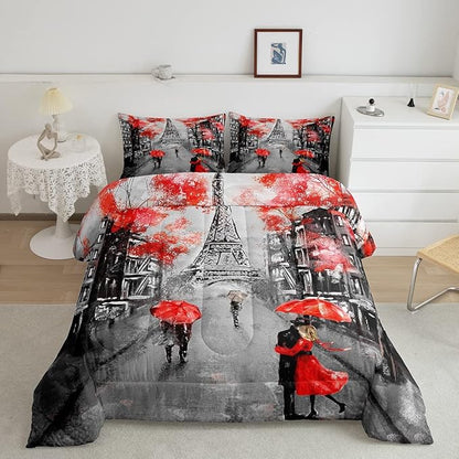 Eiffel Tower Comforter Set King Size for Girls Women Romantic Paris Street Bedding Sweet Couple Lover Red Flowers Floral Quilted Duvet French Style Down Comforter Chic Paris Cityscape Comforter