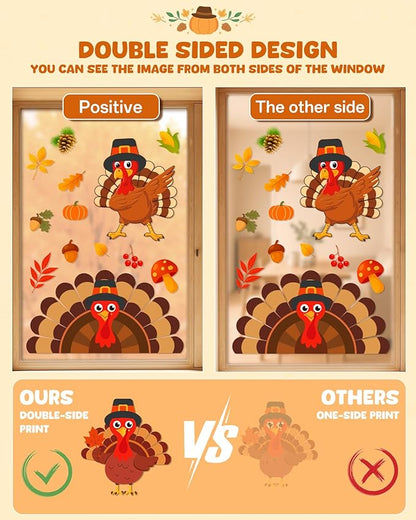 Thanksgiving Window Clings - 9 Sheets 114 Pcs Thanksgiving Decorations for Fall Autumn Harvest Home Party, Pumpkin Leaves Turkey Acorns Stickers for Glass, Double-Sided Static Window Decals