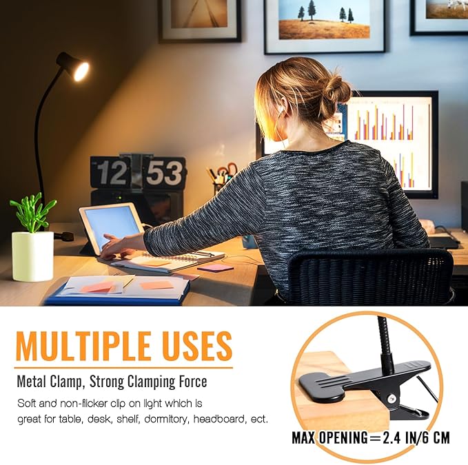 Clip Desk Lamp, USB Reading Light, Flexible Neck Led Clamp Light with 3 Color Temperature Options, 10 Dimmable Brightness Levels for Working, Studying (8W)
