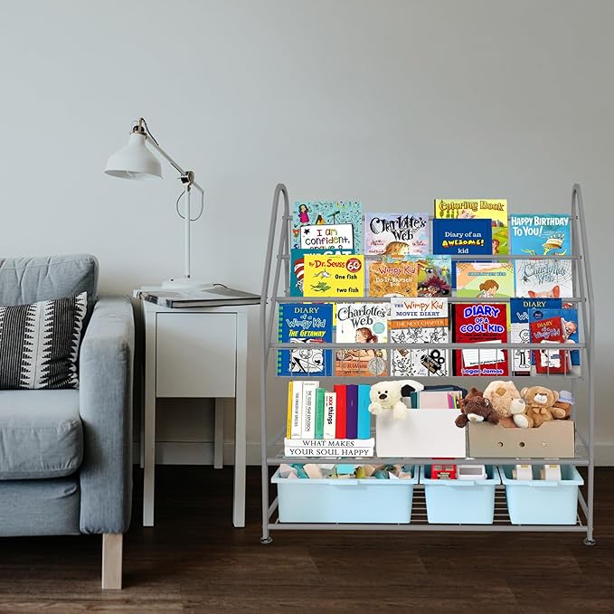 aboxoo Metal Kids Bookshelf Grey Bookcase LargeFreestanding for Children Room 32 in Toy Organizer Large Stable Bookcase Bookstore Library Book Unit Storage Kids Bed Living Room