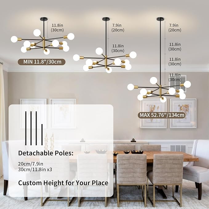 Sputnik Chandeliers Moderna Light Fixture, 10 Lights Black and Gold Mid Century Ceiling Chandelier, Height Adjustable for Living Room, Kitchen, Dining Room, Bedroom,Foyer