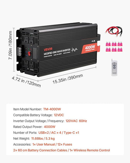 VEVOR 4000W Power Inverter, 12V DC to 120V AC Modified Sine Wave Inverter, Solar Car Charger Converter with LCD Display, Remote Control, 2 USB Ports, 4 AC Outlets, Type-C Port, for RV, Truck Outdoor