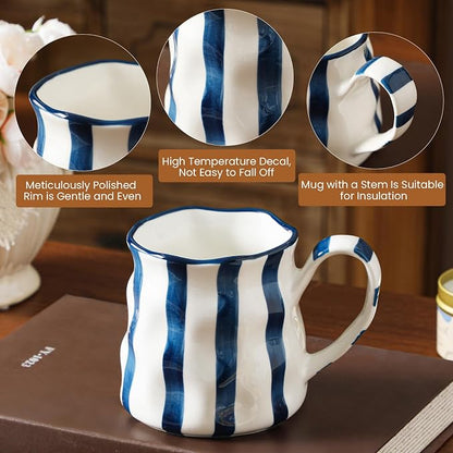 Ceramic Coffee Mugs Set of 4,Cute Mugs (Striped),14 oz Large Cups For Latte Tea Milk，Hand Painted Coffee Mugs Set Dishwasher Microwave Safe