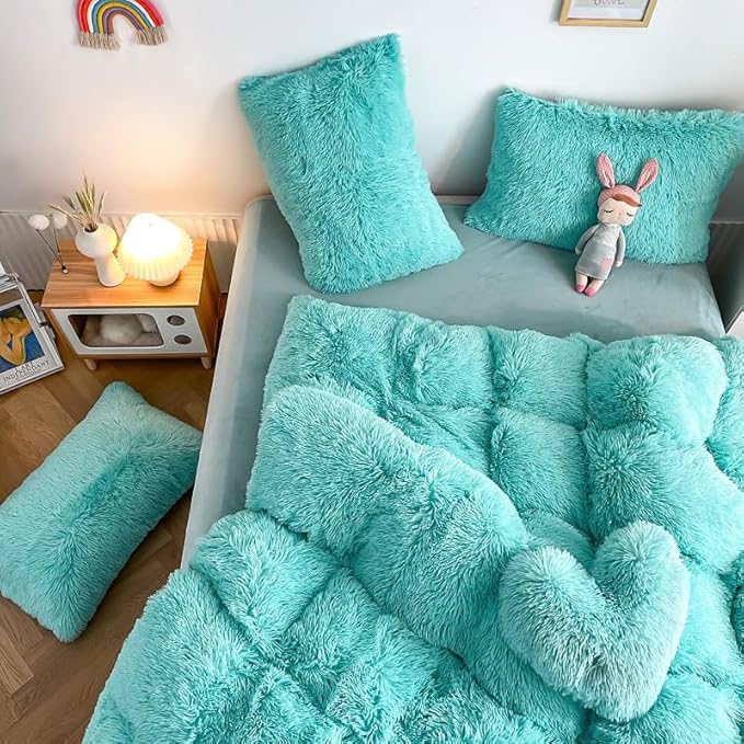 Faux Fur Kids Girls Sky Blue Comforter Sets King - 3PC Bed Set Warm Comfortable Soft Plush Flannel Velvet Fluffy Fuzzy Bedding（Comforter x 1 Pillowcases x 2）
