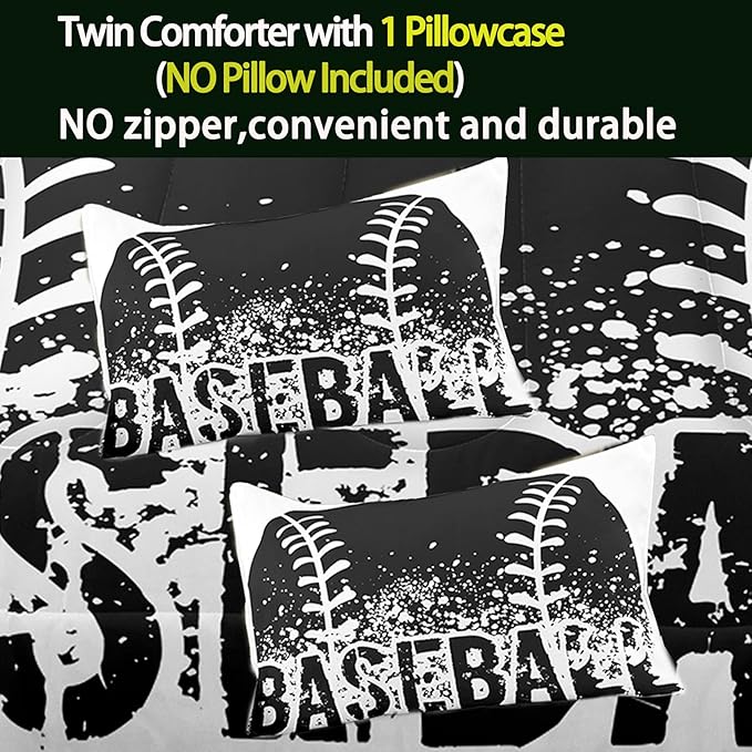 Bodhi Black and White Comforter Set,Sports Bedding Set for Boys Kids,Boys Baseball Bedding Full Size,Kids Comforter Set with Pillowcases,Teen Boys Bedding Set Full Size