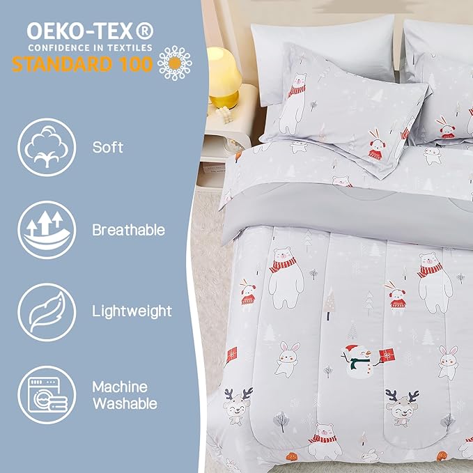 Kids Christmas Comforter Set Full for Boys Girls, Cute Reversible Quilted Bear Snowmen Reindeer Bunny Printed Bedding Set with Pillow Sham, Lightweight Soft Breathable Washable Bed Set 3 Piece