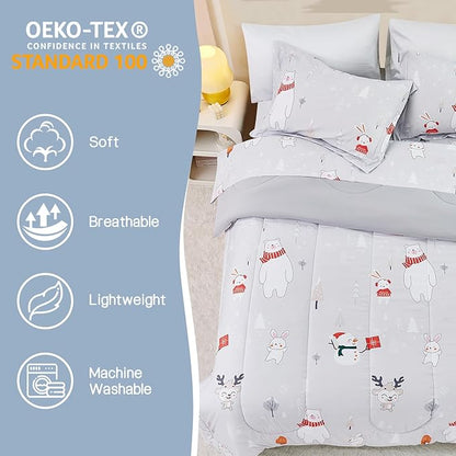 Kids Christmas Comforter Set Full for Boys Girls, Cute Reversible Quilted Bear Snowmen Reindeer Bunny Printed Bedding Set with Pillow Sham, Lightweight Soft Breathable Washable Bed Set 3 Piece