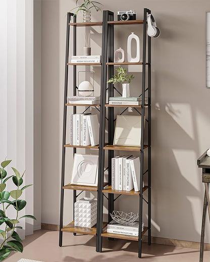 Ladder Shelf, Bookshelf Bookcase, Freestanding Corner Storage Shelve with 2 Hooks for Home Office, Living Room, Kitchen, Bedroom, Industrial, 6-Tier Rustic Brown BC13301B