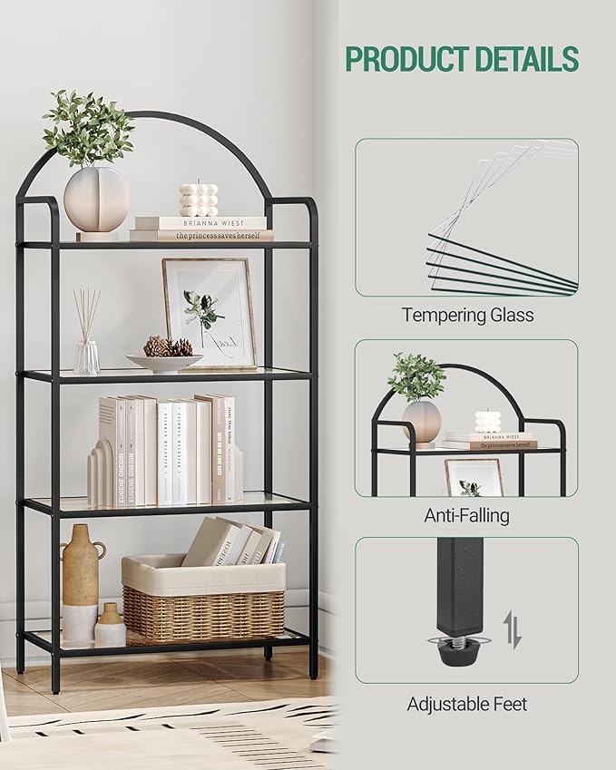 Bookcase Bookshelf, Tempered Glass Bookshelves, Slim Shelving Unit for Bedroom, Bathroom, Home Office, Steel Frame, 4 Tier Black BC21499B