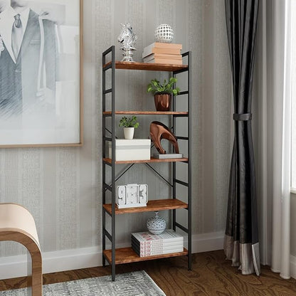 5 Tier Tall BookShelf,Bookcase with Steel Frame,Home Office Modern Bookcase Shelf for Bedroom/Living Room/Home Office - Rustic Brown Storage Rack for Books,Garage Kit, CDs and Movies