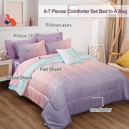 Girls Comforter Set Queen Size Colorful Ombre Blue Pink Purple Rainbow Bedding Set 7 Pieces Bed in A Bag for Kids Teen Girls Women with Comforter, Flat Sheet, Fitted Sheet
