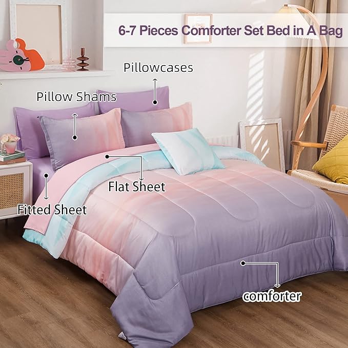 Dinjoy Reversible Girls Comforter Set Full Size Colorful Ombre Blue Pink Purple Rainbow Bedding Set 7 Pieces Bed in A Bag for Kids Teen Girls Women(1 Comforter, 1 Flat Sheet, 1 Fitted Sheet)