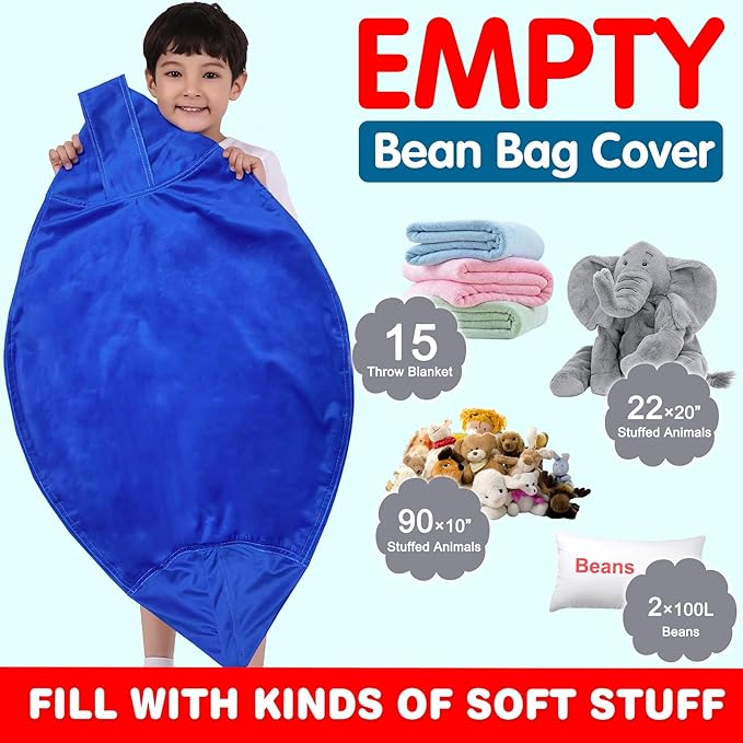 Lukeight Stuffed Animal Storage Bean Bag Chair Cover for Kids, Zipper Beanbag Chair Cover for Organizing Toddler & Kids' Rooms Plush Toys (Solid Blue, X-Large)