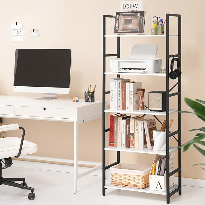 Yoobure 5 Tier Bookshelf - Tall Book Shelf Modern Bookcase for CDs/Movies/Books, Rustic Book Case Industrial Bookshelves Book Storage Organizer for Bedroom Home Office Living Room White