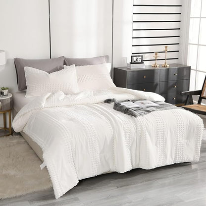 ENJOHOS White Full Size Comforter Bedding Set, 3 PCS Boho Comforter with Tufted Dots, Shabby Chic Bedding Comforter for All Season, Lightweight Fluffy Microfiber Comforter with 2 Pillowcases