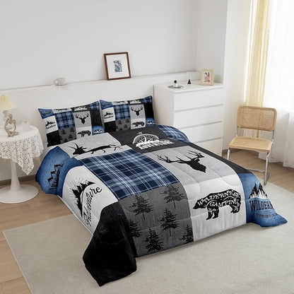 Deer Antler Bear Kids Comforter Set Twin Size,Hunting Adventure Bedding Set for Boys Girls Adults Room Decor,Geometric Plaids Patchwork Down Comforter,Rustic Farmhouse Duvet Insert,1 Pillowcase