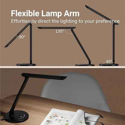 LED Desk Lamp, Eye-Caring Table Lamp with USB Charging Port, 35 Lighting Modes, Touch/Memory Function, Dimmable Reading Lamp Task Lamp Desk Lamps for Home Office (Black)