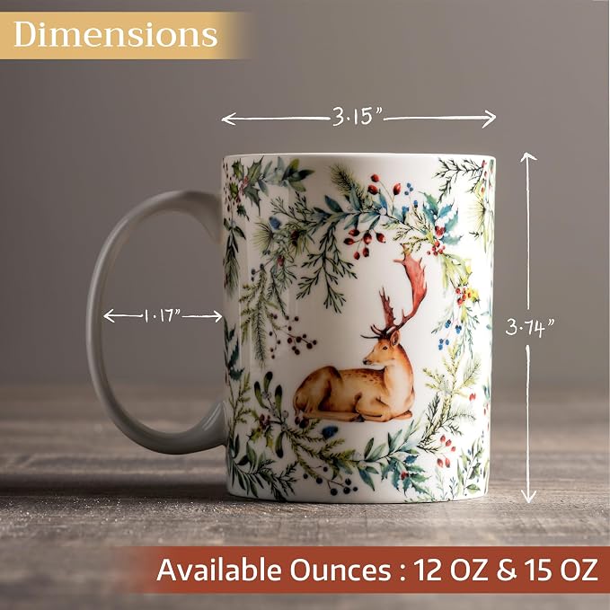 Maison d' Hermine Coffee Mug with Handles Tea Cups (12 Ounce, Pack of 1) | Fine Bone China Coffee Mugs for Hot Beverages Cappuccino Latte Home Restaurant Hotel Spring Summer -Holly Time - Cerf