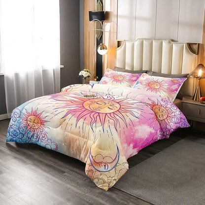 Sun and Moon Comforter Set Full Stars Constellation Galaxy Bedding Set,Pink Blue Pastel Clouds Tie Dye Comforter For Kids Girls Women Boho Hippie Psychedelic Celestial Astrology Quilt Duvet Set 3 Pcs
