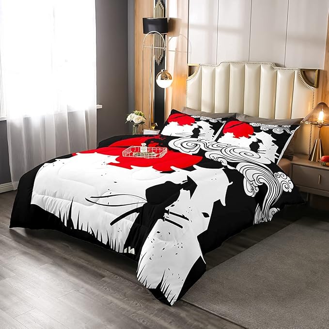 Erosebridal Samurai Comforter Set King Size, Sunset Print Down Comforter, Japan Quilted Duvet, Building Silhouette Breathable Quilt Set, Japanese Ukiyoe Bedding Set, Ultra Lightweight