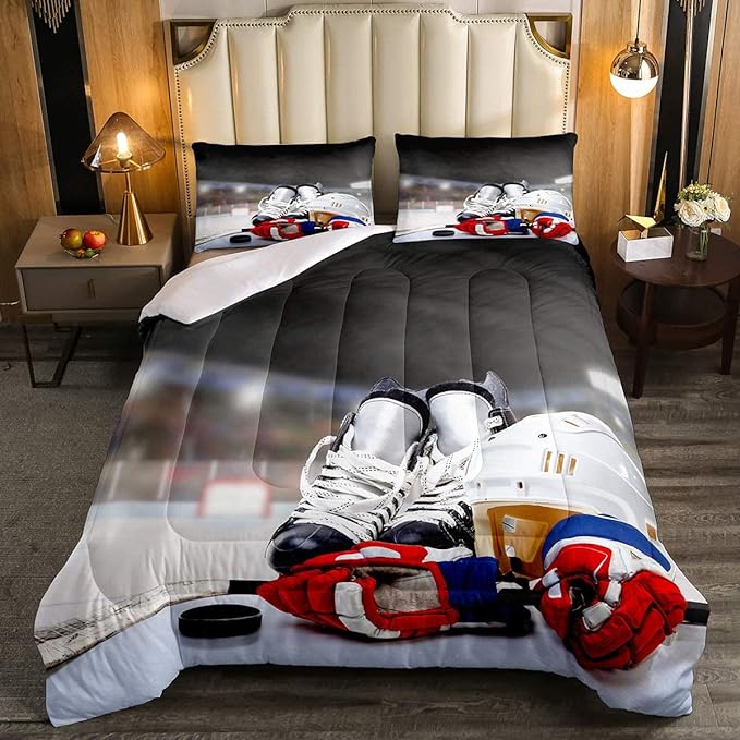 Erosebridal Ice Hockey Comforter Set Queen, Hockey Player Down Comforter for Kids Boys Girls Teens Juvenile, Sports Game Duvet Set, Soft Winter Quilted Duvet Sports Bedroom Decor for All Season