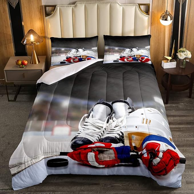 Erosebridal Ice Hockey Comforter Set Full, Hockey Player Down Comforter for Kids Boys Girls Teens Juvenile, Sports Game Duvet Set, Soft Winter Quilted Duvet Sports Bedroom Decor for All Season