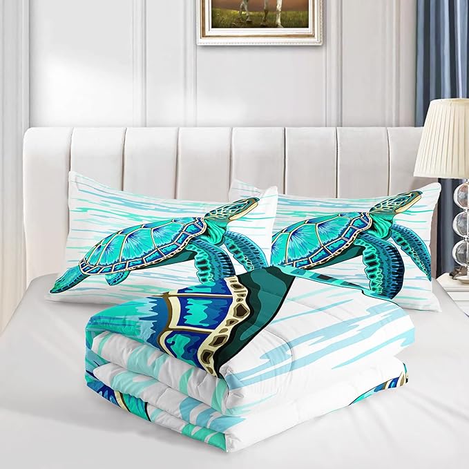 CVHOUSE Sea Turtle Bedding Set,Sea Turtle Comforter King,Ocean Bohemia Comforter Set for Boys Kids Girls,Ocean Quilt Set with 1 Comforter and 2 Pillow Cases