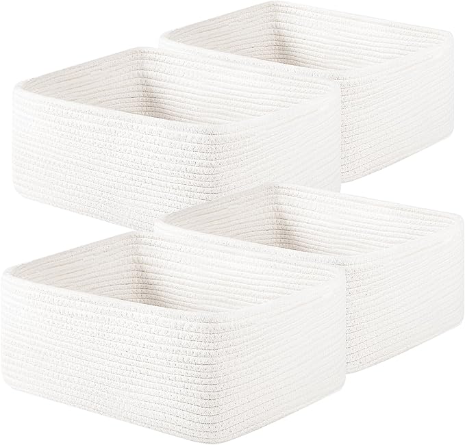 OIAHOMY 4 Pack 14.17*11.02*6.3IN Storage Baskets for Organizing Shelves, Woven Rope Baskets for Organizing Books, Clothes, Decorative Basket for Living Room, Nursery, Bedroom, Gift Basket, White