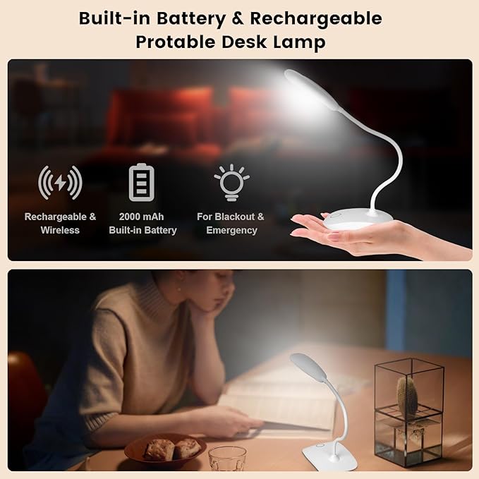 Battery Powered Desk Lamp, Portable Lamps Rechargeable 3 Color Modes Touch Control Stepless Dimming, Wireless Desk Lamp with 2000mAh, Small LED Table Light for Dorm Study Office Bedroom