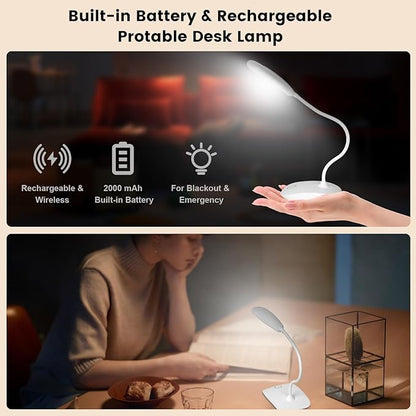 Battery Powered Desk Lamp, Portable Lamps Rechargeable 3 Color Modes Touch Control Stepless Dimming, Wireless Desk Lamp with 2000mAh, Small LED Table Light for Dorm Study Office Bedroom