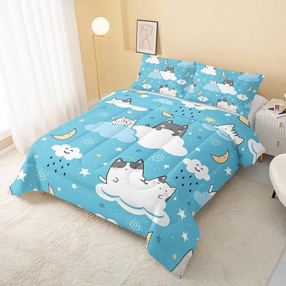 Cat Comforter Full Size,Blue Cloud Cats Comforter Set for Kids Teens Girls Boys,3Pcs Bedding Set Printed Comforter with 2 Pillowcases,Down Alternative,Soft and Lightweight，Full Size