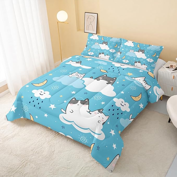 Cat Comforter Twin Size,Blue Cloud Cats Comforter Set for Kids Teens Girls Boys,3Pcs Bedding Set Printed Comforter with 2 Pillowcases,Down Alternative,Soft and Lightweight，Twin Size