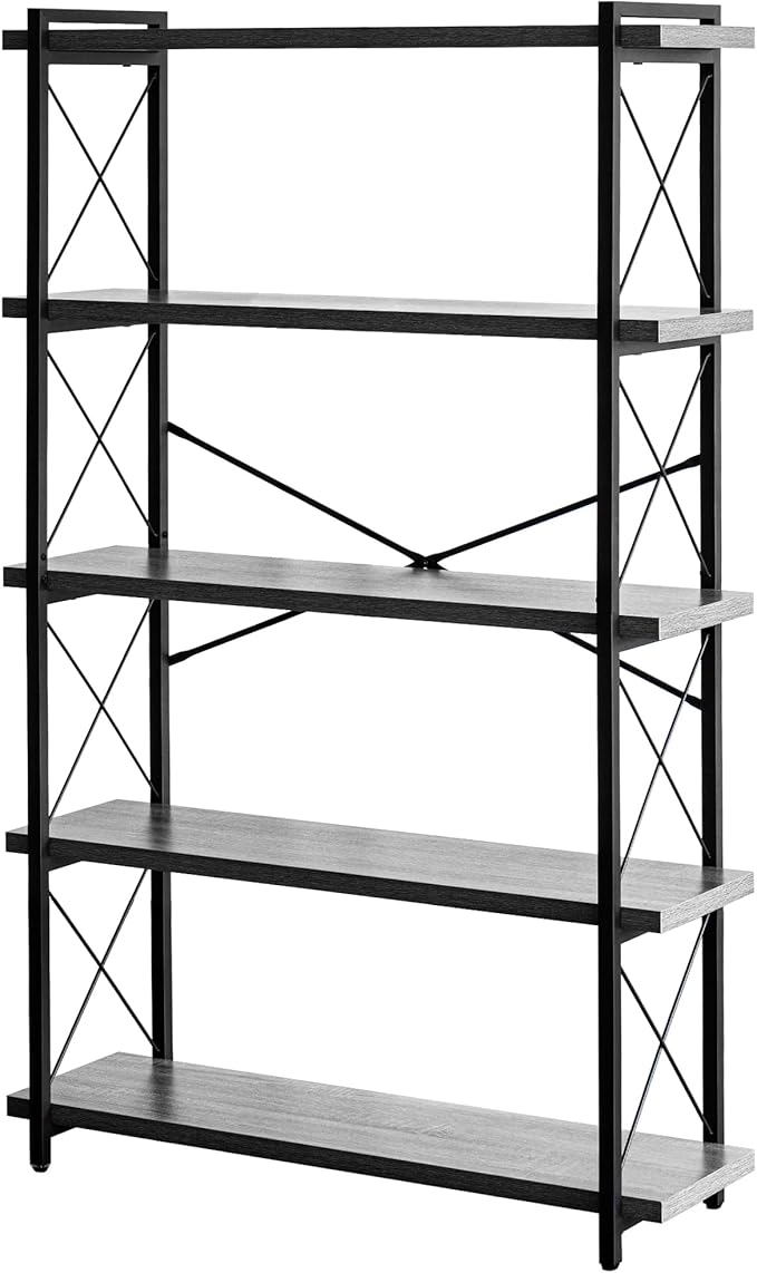 HCHQHS Bookshelf, 5-Tier Industrial Bookcase, Rustic Open Book Shelf, Freestanding Tall Bookshelves with Metal Frame