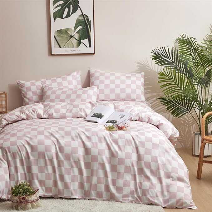 Pink White Grid Comforter Set Cal King Pink Plaid Bedding Set Women Pink and White Checkered Bed Comforter Set Breathable Blanket Set Men Durable Bedding Comforter Set
