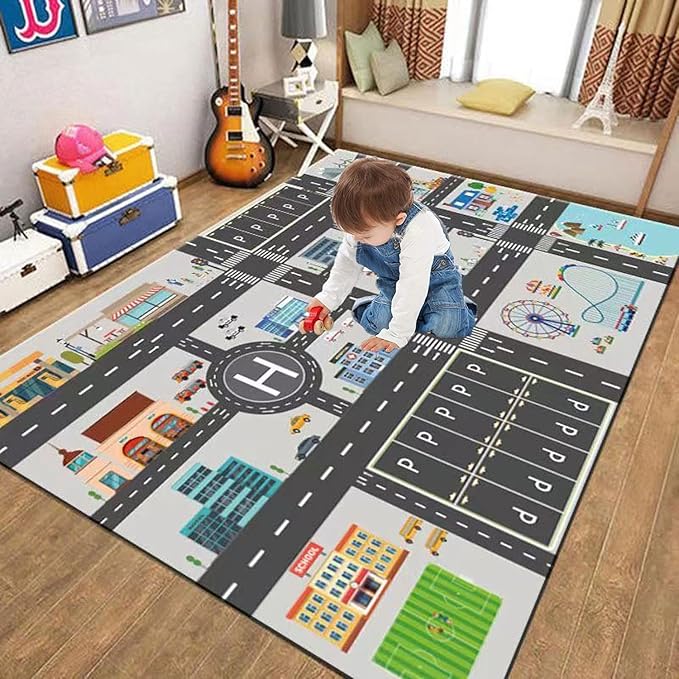 Kids Rug Play Mat Great for Playing with Cars and Toys,Educational Kid Road and Traffic City Life Carpet,Children Baby Fun Throw Rug for Bedroom Play Room,47X63Inch/120X160CM