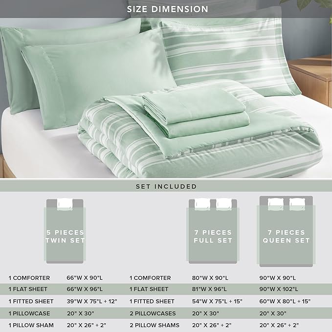 Codi Queen Comforter Set 7 Piece, Sage Green White Striped Bed in a Bag Reversible, Cationic Dyeing Shabby Chic Bedding Sets with Comforter, Sheets, Pillowcases & Shams