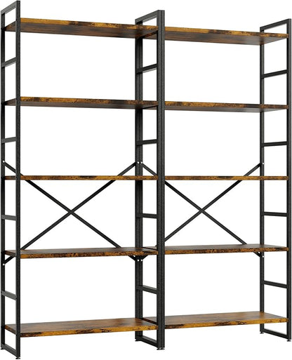 Shintenchi 2 Pieces 5 Tiers Bookshelf, Classically Tall Bookcase Shelf, Industrial Book Rack, Modern Book Holder in Bedroom/Living Room/Home/Office, Storage Rack Shelves for Books/movies-Rustic Brown